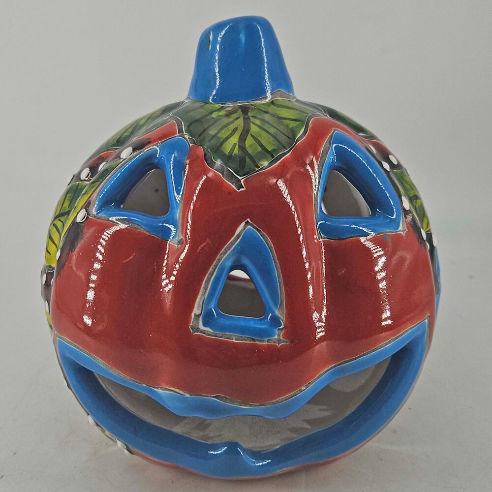 Talavera Hand Made Folk Art Pottery Jack O'Lantern Pumpkin Votive Holder Mexico
